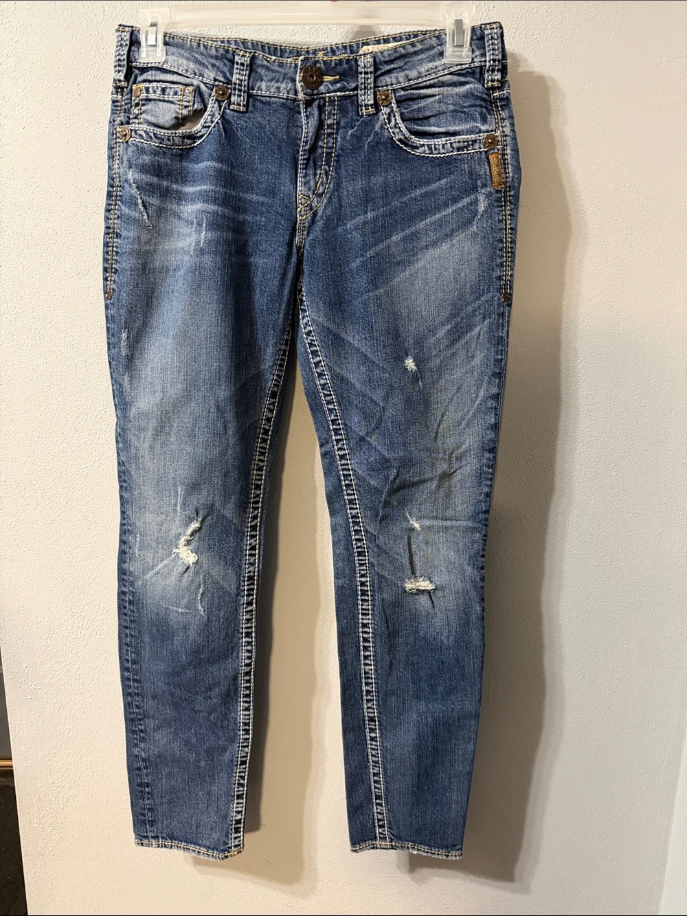 Silver Jeans Women's Faded Blue Skinny with Distressed Accents